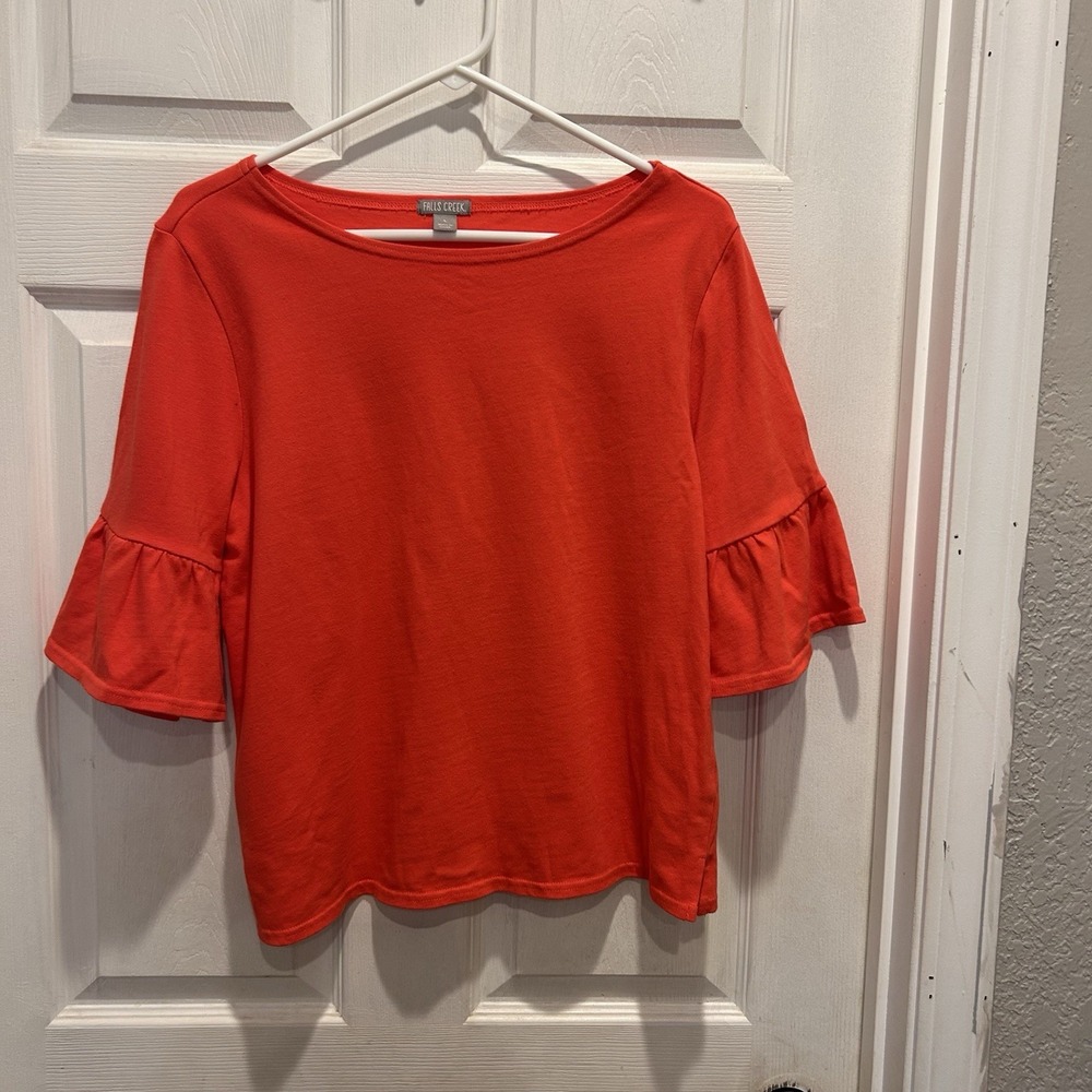 Falls Creek Womens Pink Cotton Boat Neck Ruffle Bell Sleeve Top Large Femme Boho
